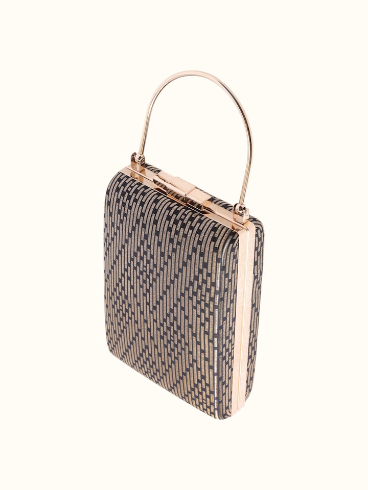 Close-up view of Black Banarasi Silk Handbag highlighting the fabric weave and craftsmanship, from a different angle