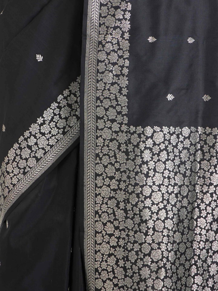 Detailed view of Black Banarasi Kadhwa Silk Saree focusing on the fine craftsmanship and texture