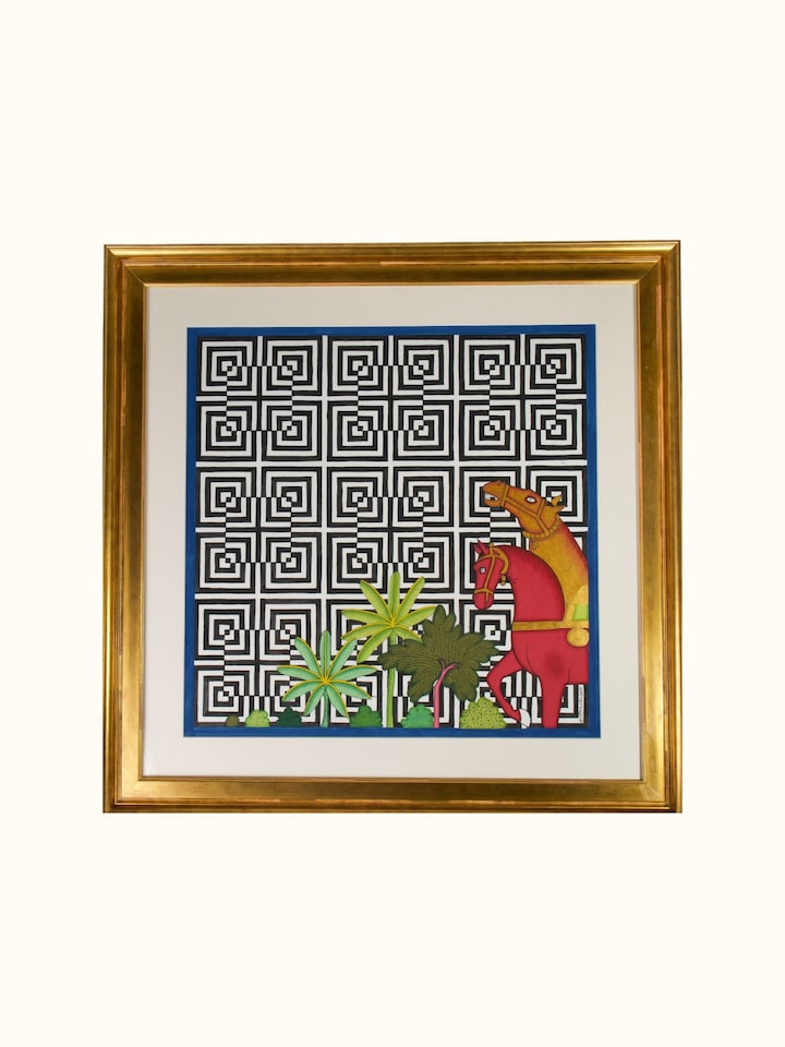 Front view of the Horses Pair Geometric Illusion Pichwai Painting