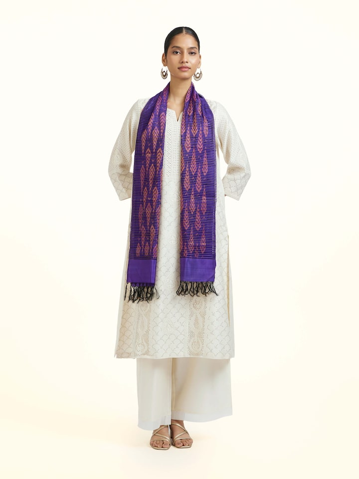 Front view of the Blue Silk Pochampally Warp Ikat Stole