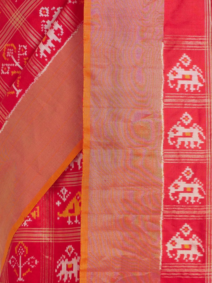 Detailed view of Red Pochampally Ikat Silk Saree focusing on the fine craftsmanship and texture