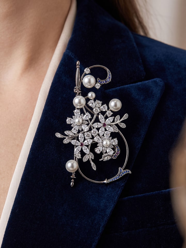 Styled view of Silver Smithing Brooch Pin pinned onto fabric, showing how it looks styled