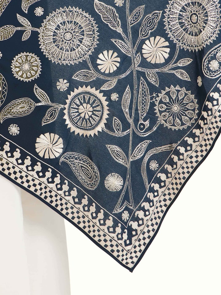 Detailed view of Whiskey Blue Aari Hand Embroidered Stole focusing on the fine craftsmanship and texture
