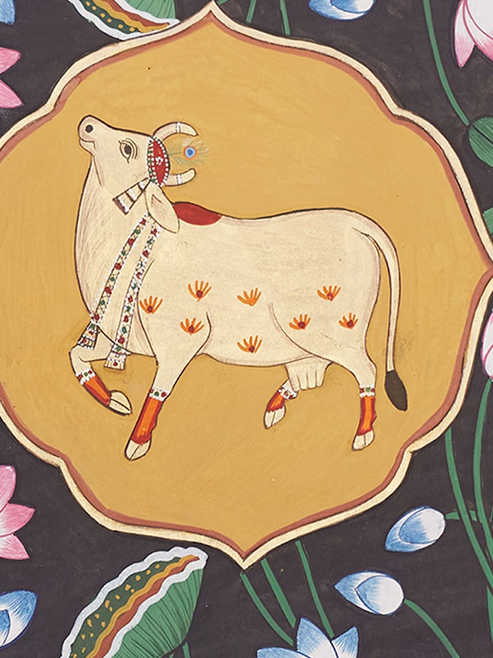 Left detail view of the Cow Kamal Talai Pichwai Painting