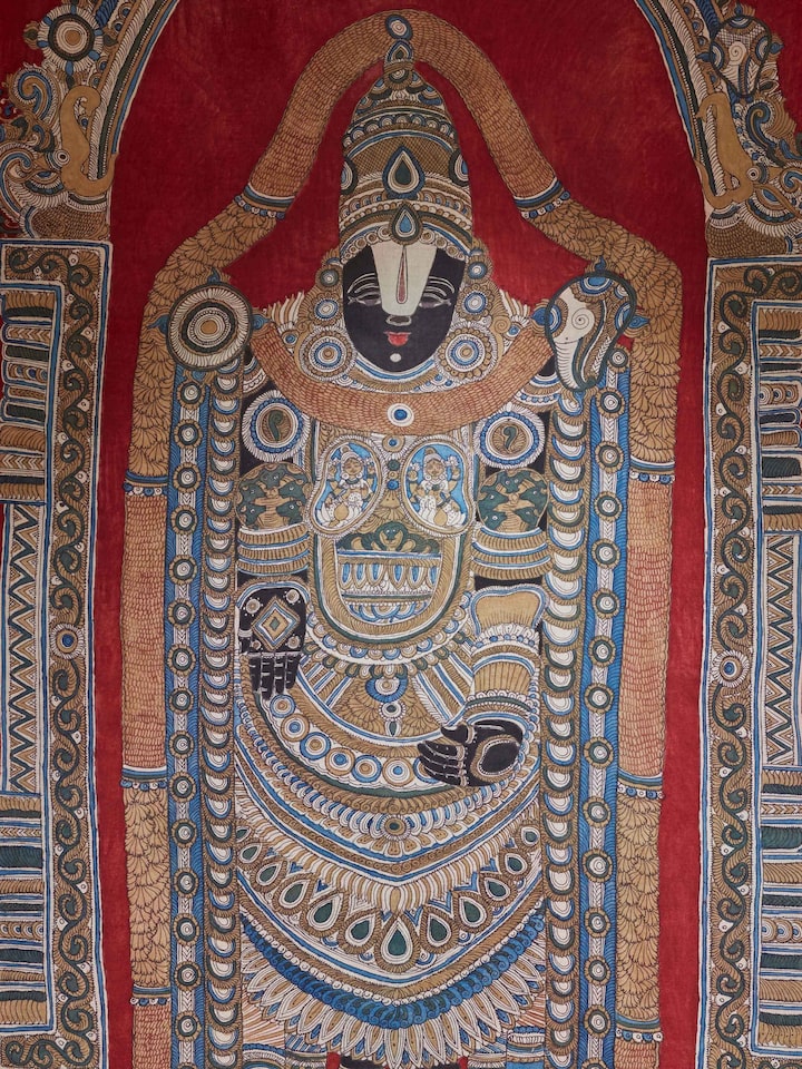 Detailed view of Kalamkari Balaji wall art highlighting fine details and textures