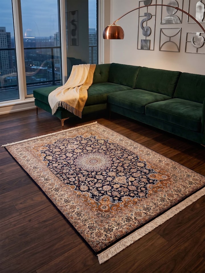 Styled view of Traditional Persian Navy Rust Kashan Kashmir Silk Hand-Knotted Carpet styled in a room setting