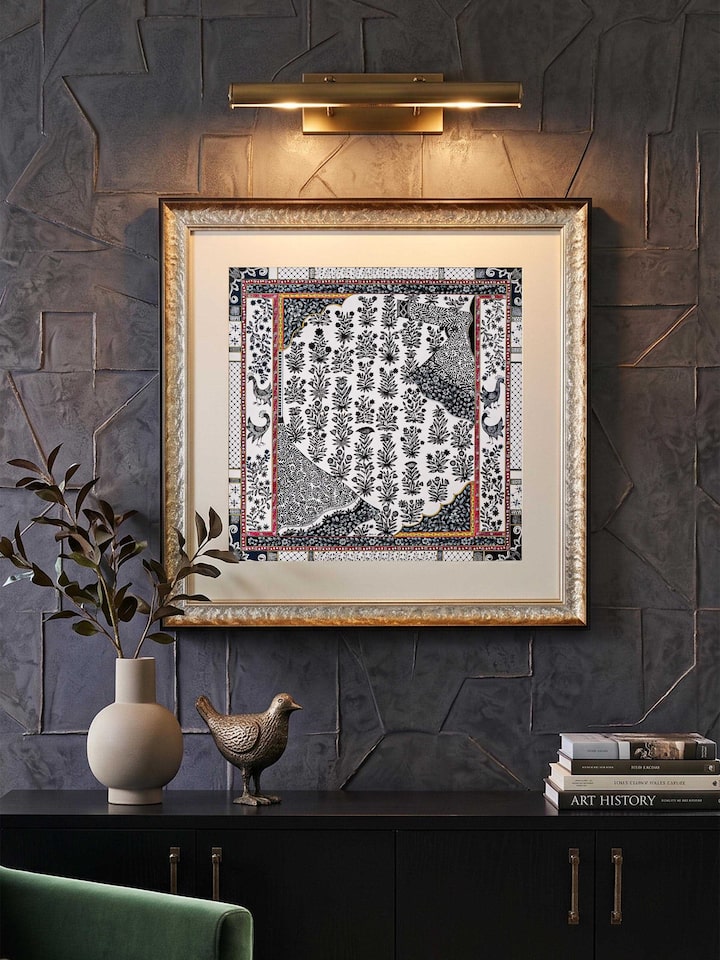 Styled view of Flower and Birds Poshakh Miniature Painting displayed against a styled backdrop
