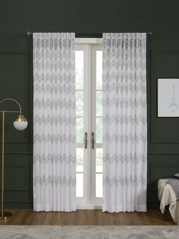 Rambagh Green Geo Chevron Cotton Sanganeri Hand Block Printed Curtain (9 Ft)