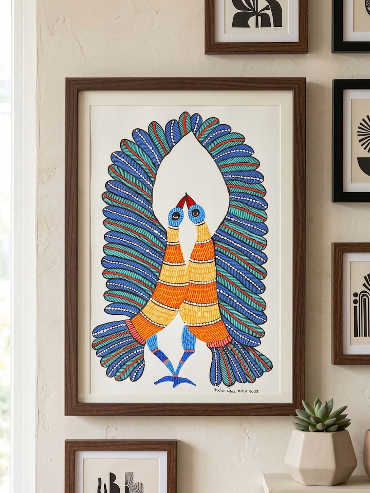 Styled view of The Dance Of Feathers Gond Art displayed against a styled backdrop