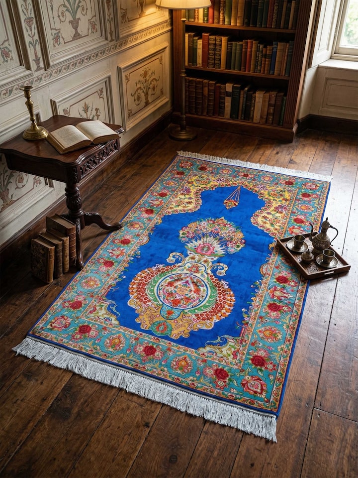 Lifestyle view of the Traditional Persian Blue Guldani Kashmir Silk Hand-Knotted Carpet