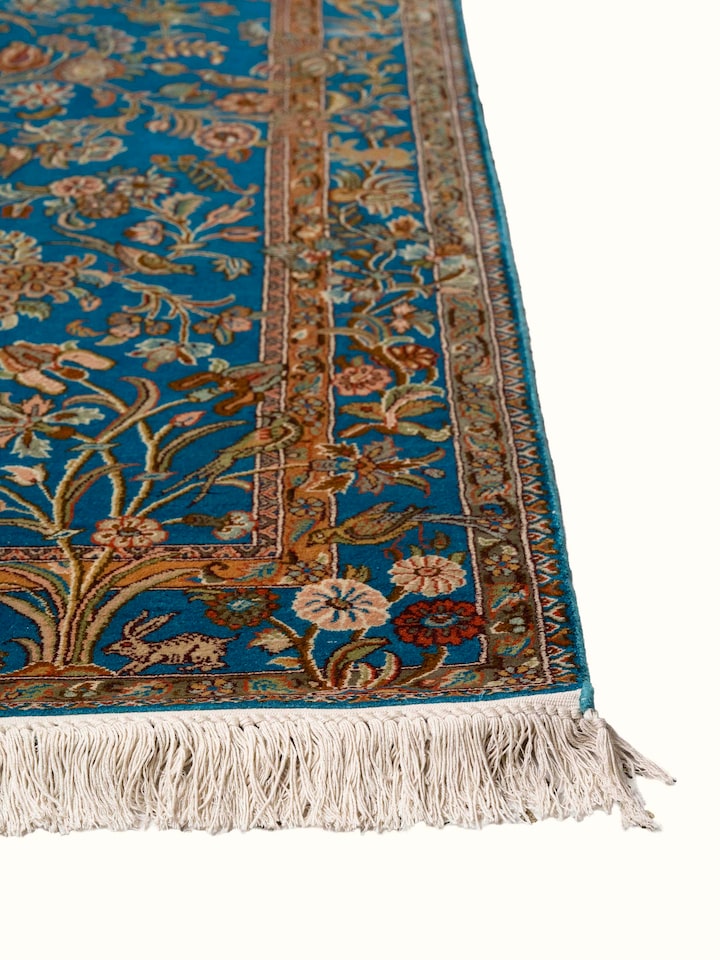 Traditional Persian Blue Mahal Kashmir Silk Hand-Knotted Carpet