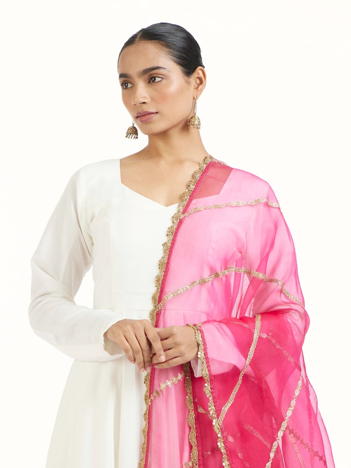 angled view of pink hand embroidered dupatta