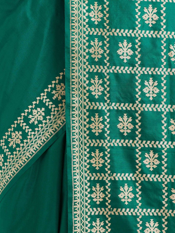 Draped detail view of the Green Mulberry Katan Silk Banarasi Saree