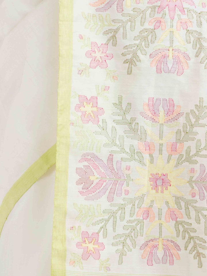 Detail view of White Silk Jamdani Handloom Saree highlighting the intricate weave pattern