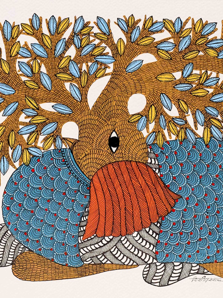 Detail view of the Elephant Canopy Gond Art