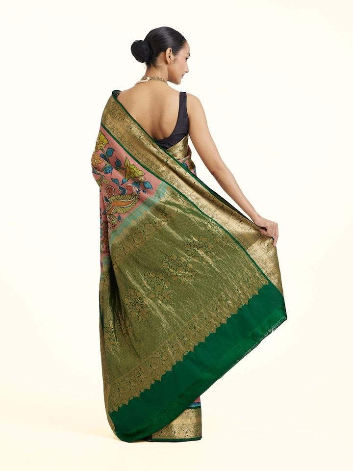 Back view of the Silk Kalamkari Painted Kanchipuram Saree