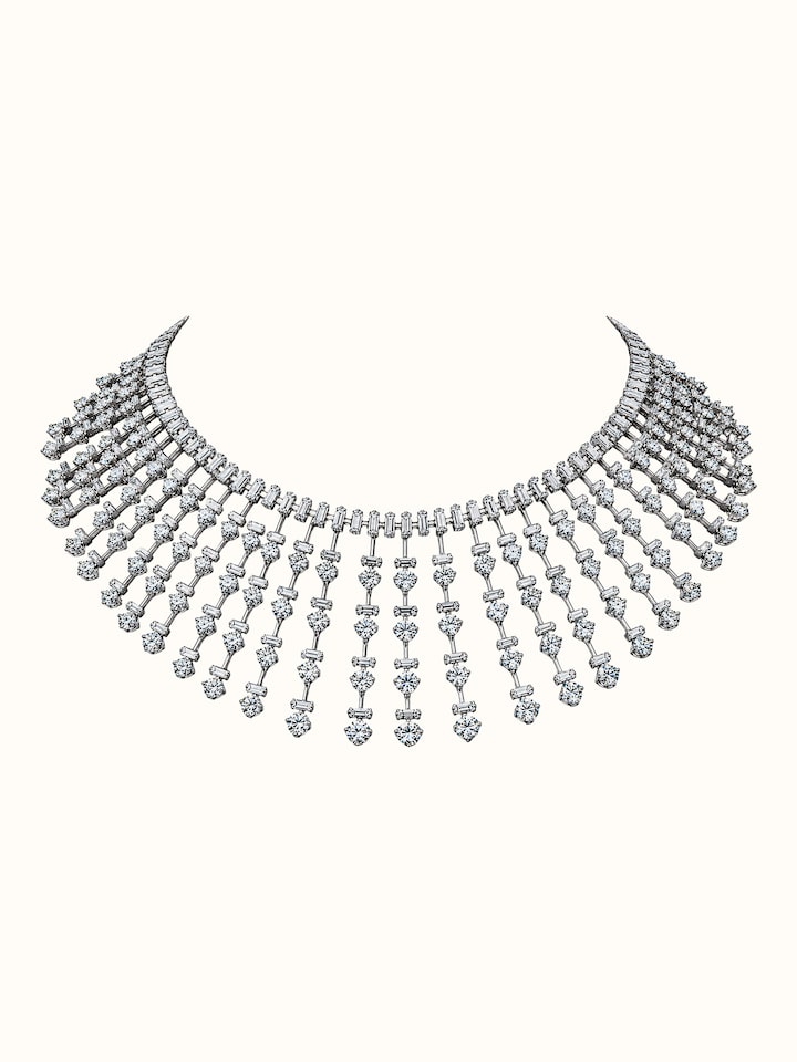 Front view of Open Setting 14 Karat White Gold and Diamond Collar Necklace showing the complete piece and design