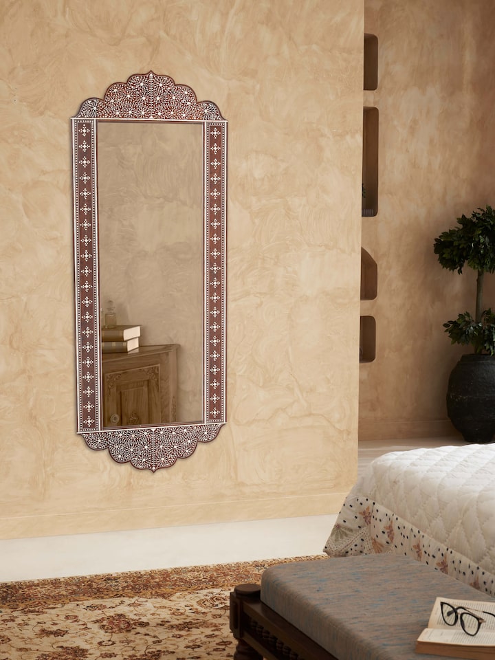 Close-up of Sheesham Wood Full-Length Mirror with Bone Inlay, highlighting the intricate bone inlay detailing and wood finish