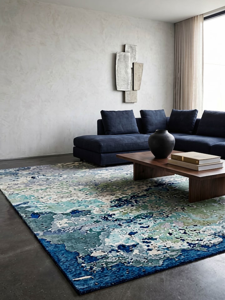 Styled view of Abstract Blue Grey Bhadohi Wool & Bamboo Silk Hand Knotted Rug styled in a room setting, from a different angle