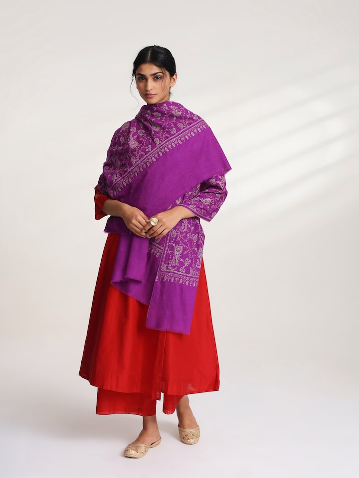 Side view of purple jalidar sozni embroidered shawl showcasing intricate needlework