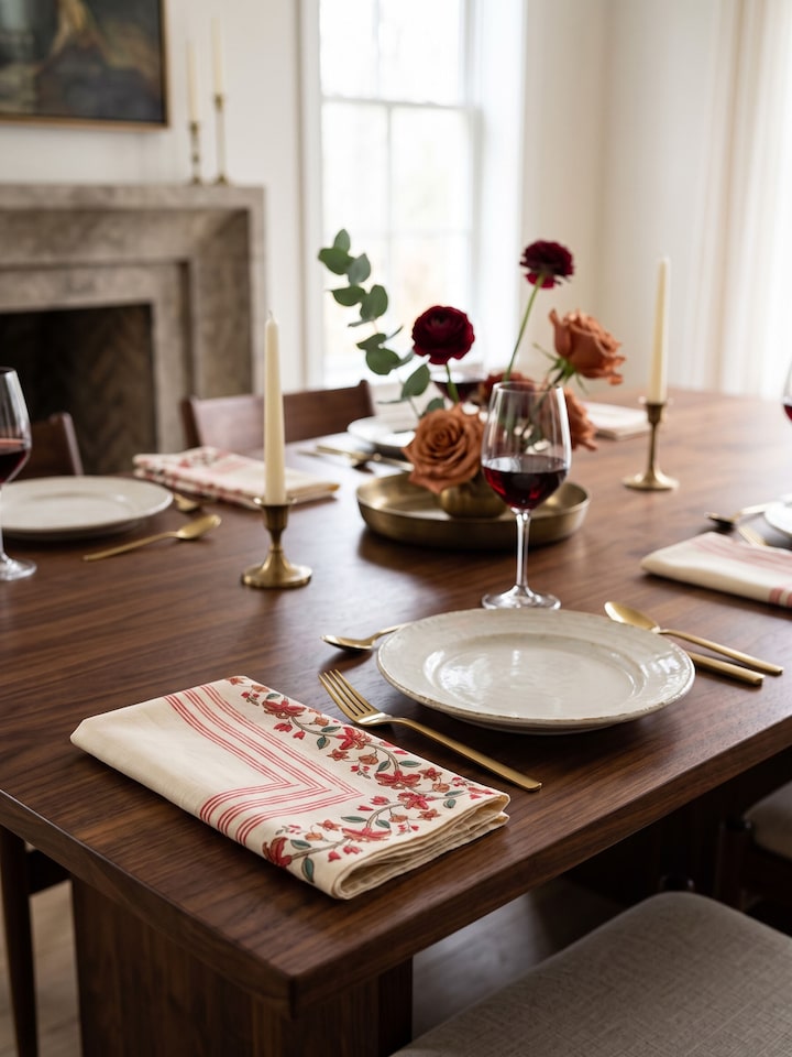 Styled view of Palampore Red Hand Block Sanganeri Print Cotton Linen Dinner Napkin (6 Pcs) styled on a table or bed setting