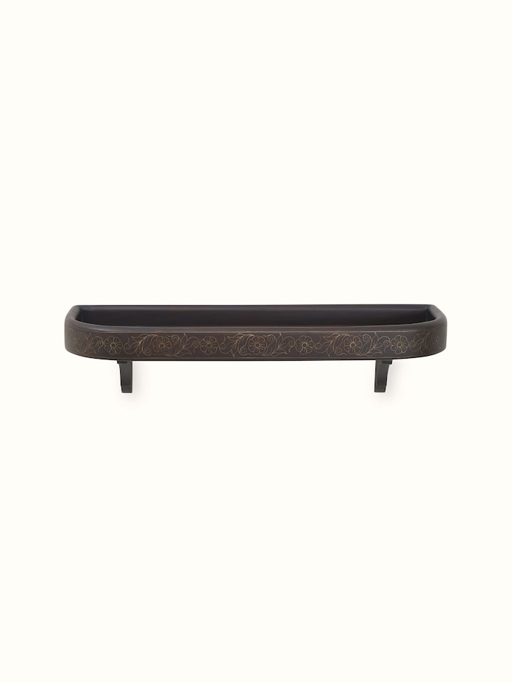 Front view of Sheesham Wood & Brass Tarkashi Wall Shelf with round edges, showcasing elegant design and craftsmanship