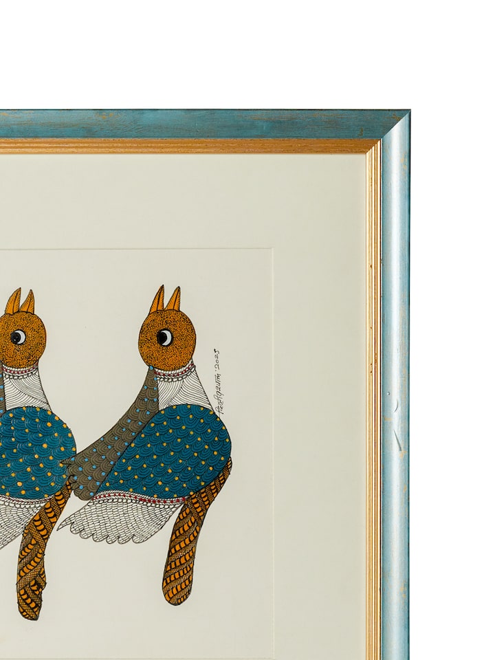 Detail view of the Three Birds Gond Art