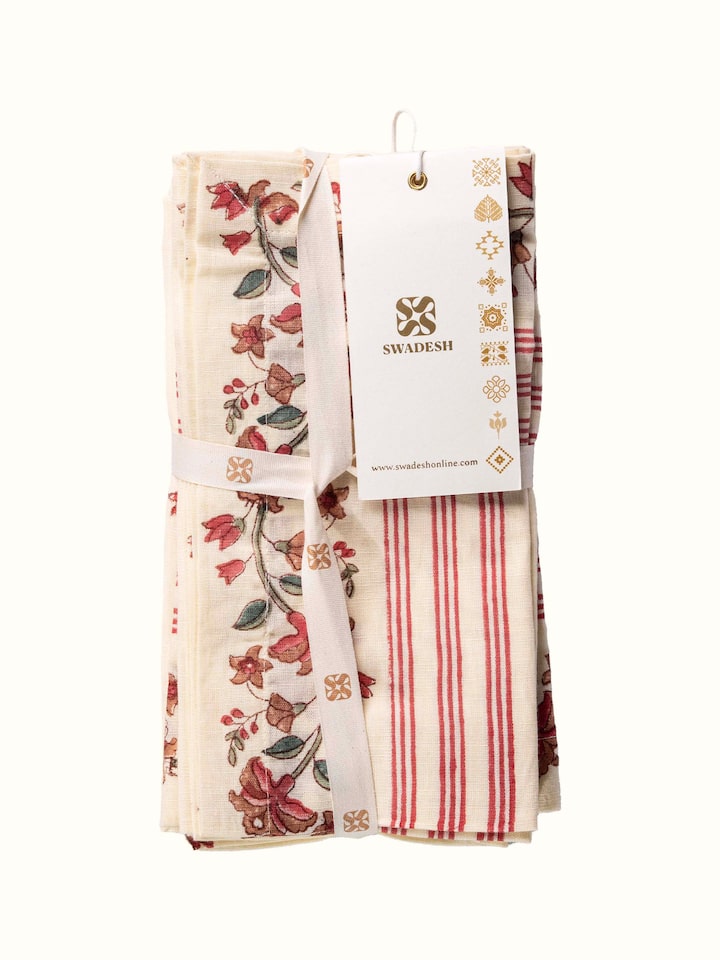 Overview of Palampore Red Hand Block Sanganeri Print Cotton Linen Dinner Napkin (6 Pcs) showing the complete set