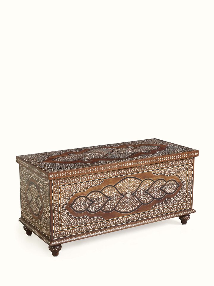 Angled view of Teak Wood Inlay Trunk