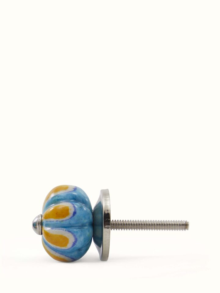 Angled view of Blue Pottery Round Rib Door Knob Set