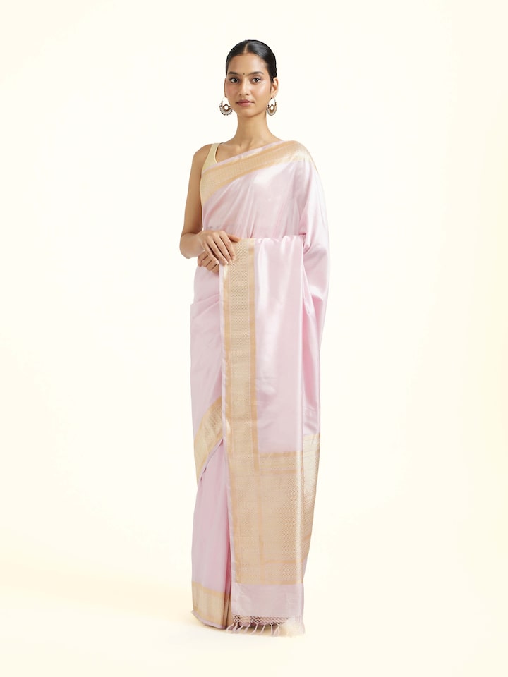 Side view of the Cream Pink Mulberry Katan Silk Banarasi Saree