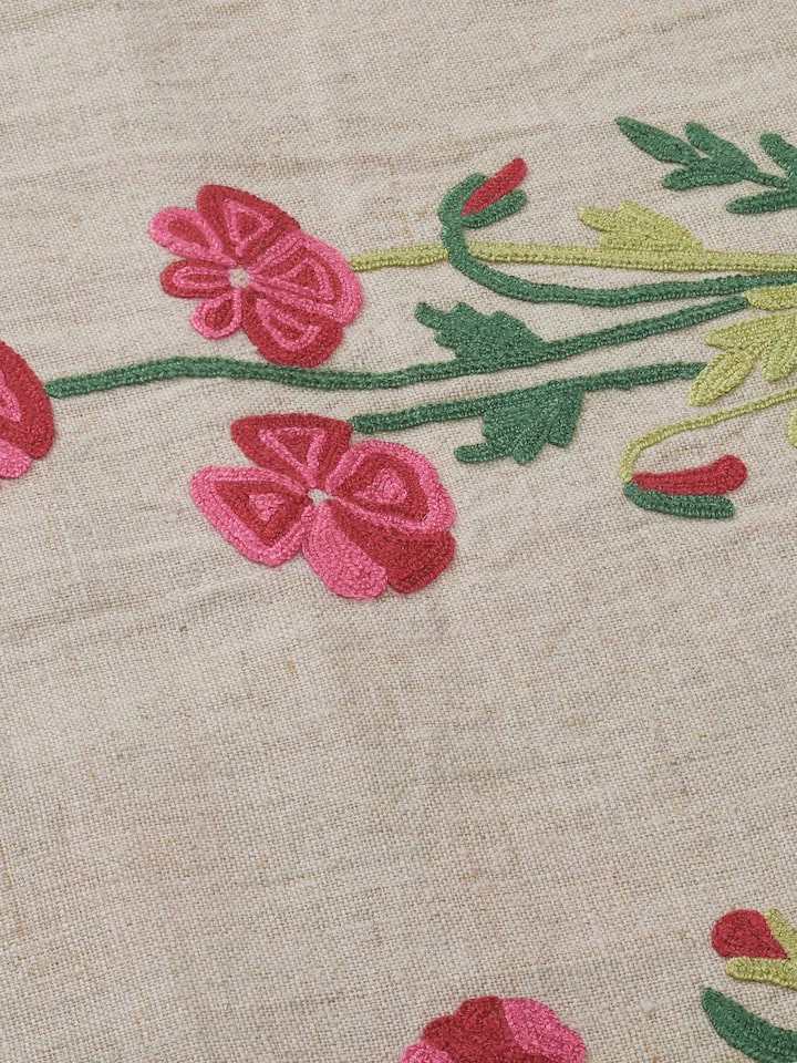 Mughal Miniature Magenta Buta Linen Kashmir Chain Stitch Hand Embroidery Table Runner