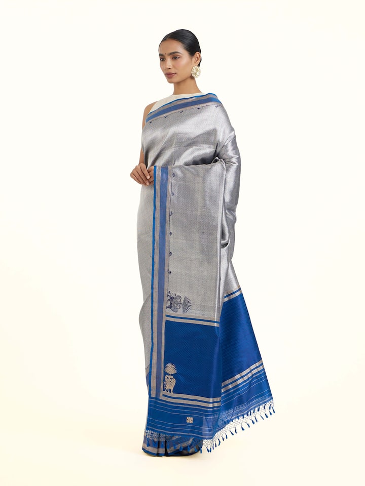 Side view of Navy Banarasi Brocade Silk Saree highlighting the detailed craftsmanship and elegant silhouette