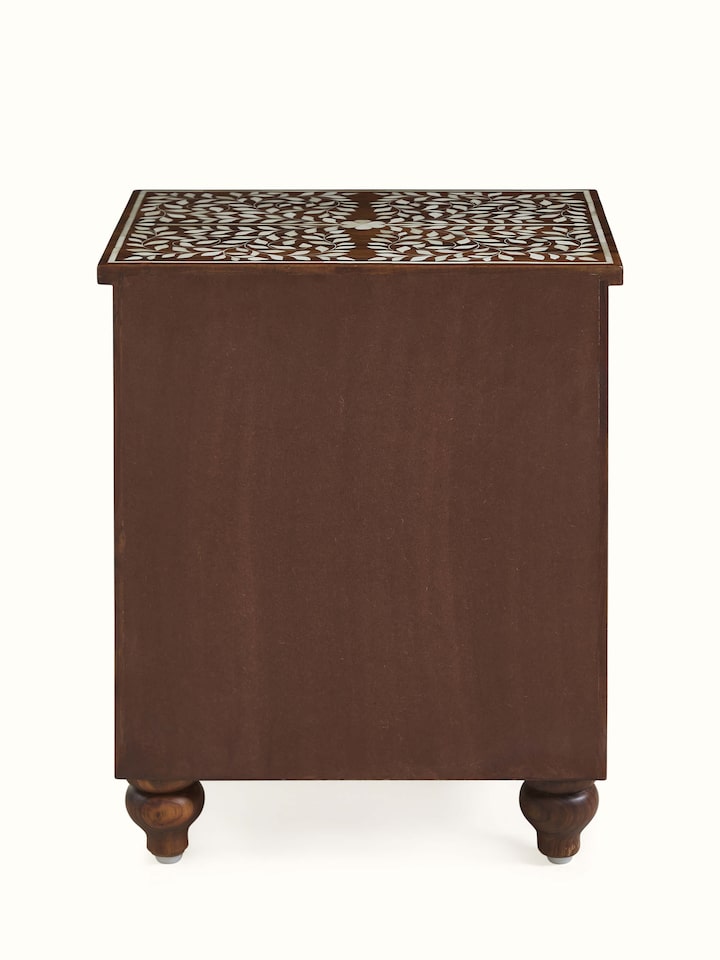 Back view of Teak Wood Inlay Bedside Table