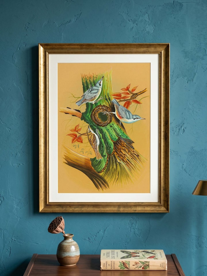 Styled view of Nuthatch Miniature Painting displayed against a styled backdrop