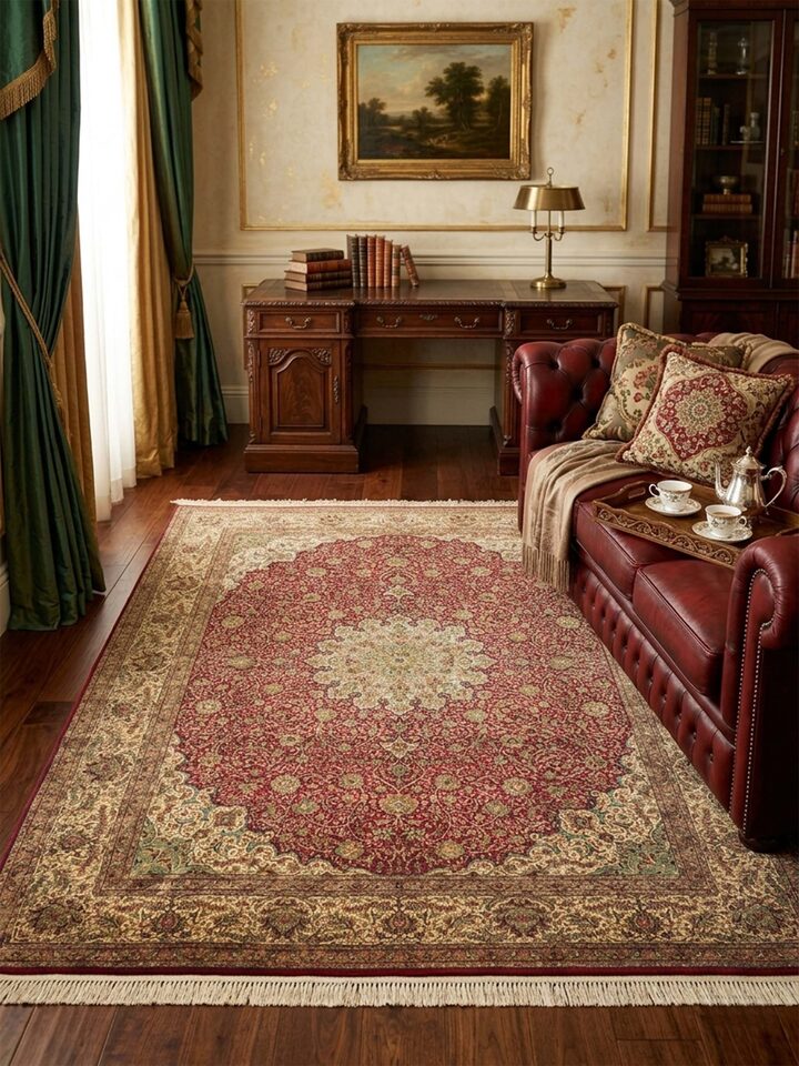 Traditional Persian Red Ivory Kashan Kashmir Silk Hand-Knotted Carpet