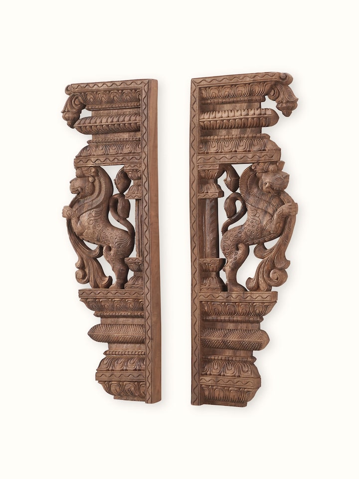 Angled view of the Wood Carved Yali Wall Panel (2 Pieces)