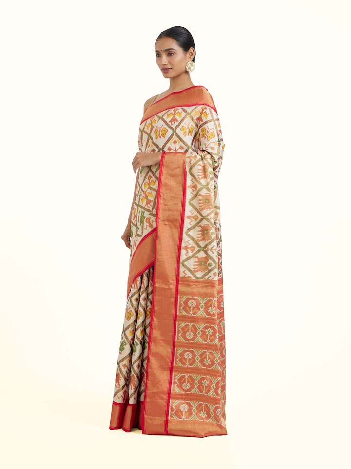 Side view of Multi Pochampally Ikat Silk Saree highlighting the detailed craftsmanship and elegant silhouette