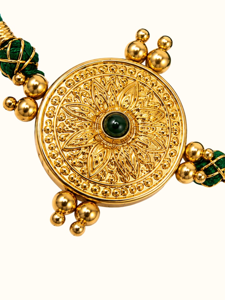 Detail view of Silversmithing Rakhi highlighting the stone setting and metalwork detail