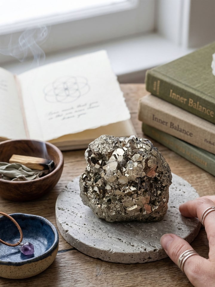 Styled view of Gemstone Pyrite Cube Geode Healing Stone styled in a home setting
