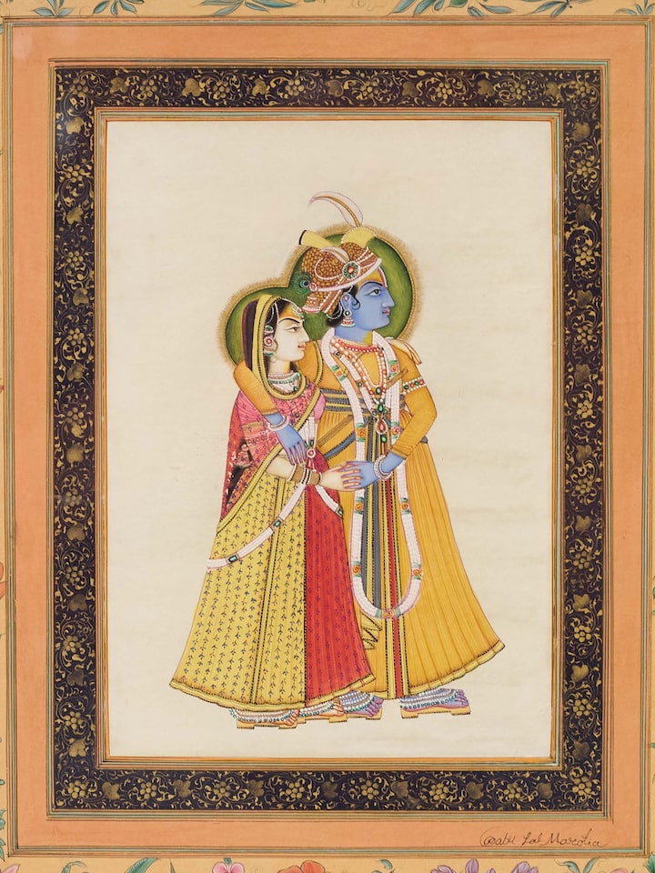 Detailed view of the Radha Krishna Floral Miniature Painting