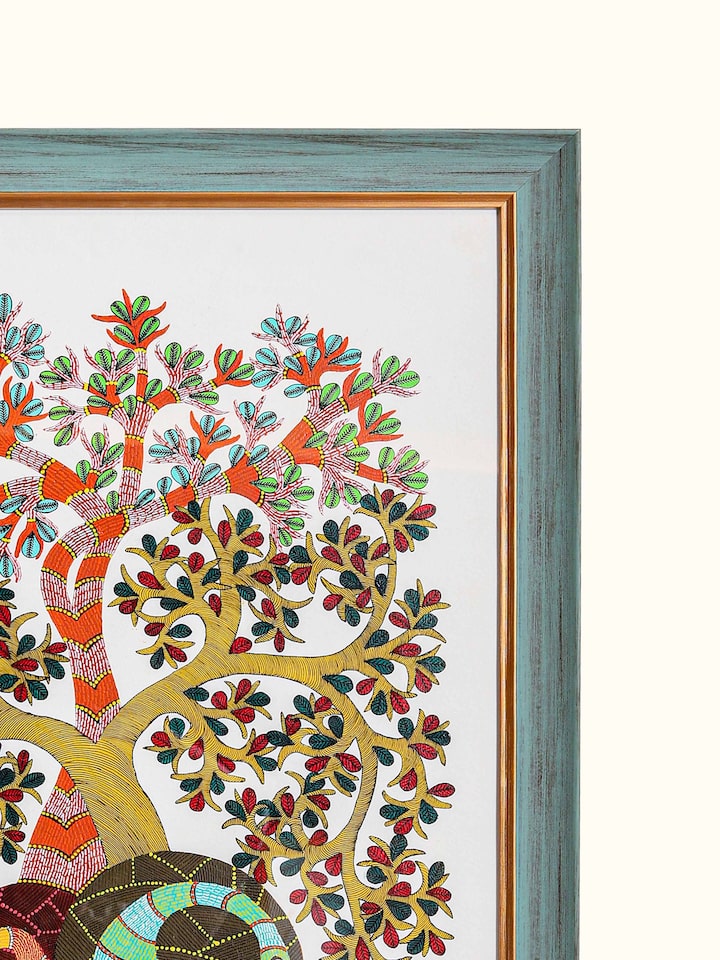 Detail view of the Peafowls Under Tree Gond Painting