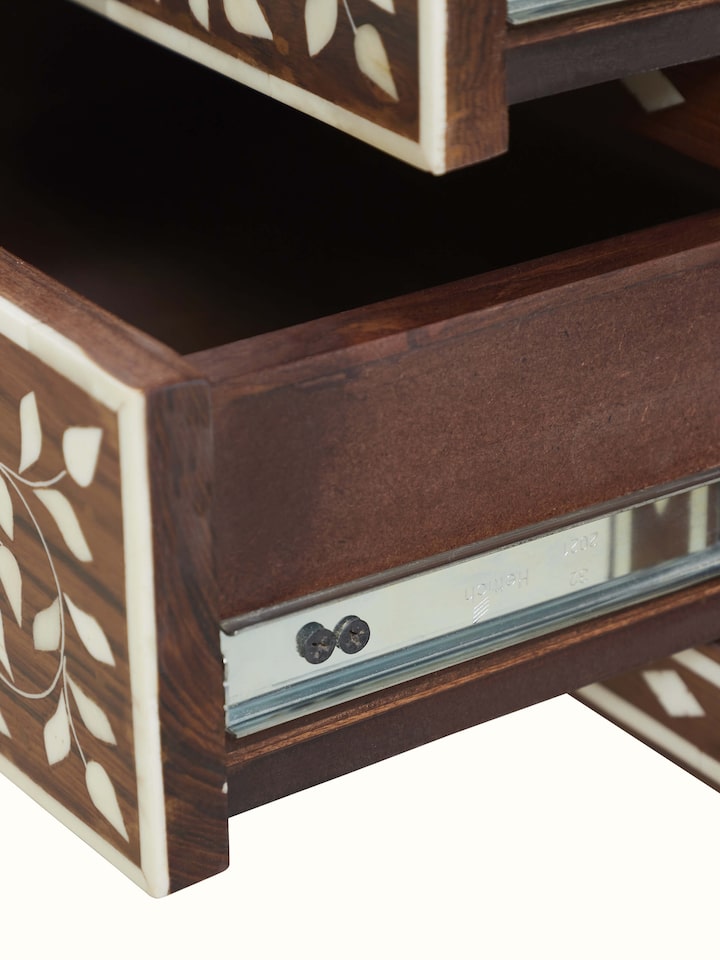 Detail shot of Teak Wood Inlay Bedside Table