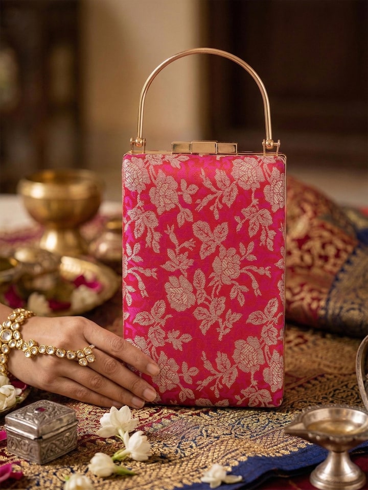 Front view of Pink Banarasi Silk Handbag showing the front design and silhouette, from a different angle