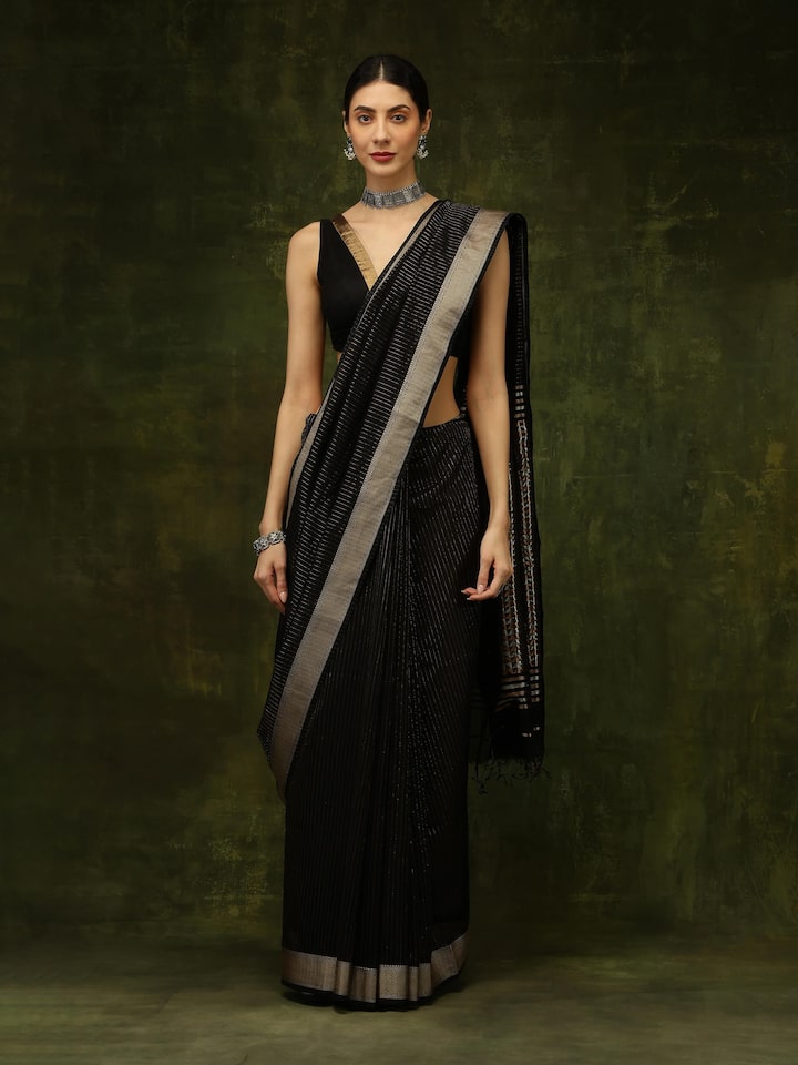 Black Cotton Silk Maheshwari Saree