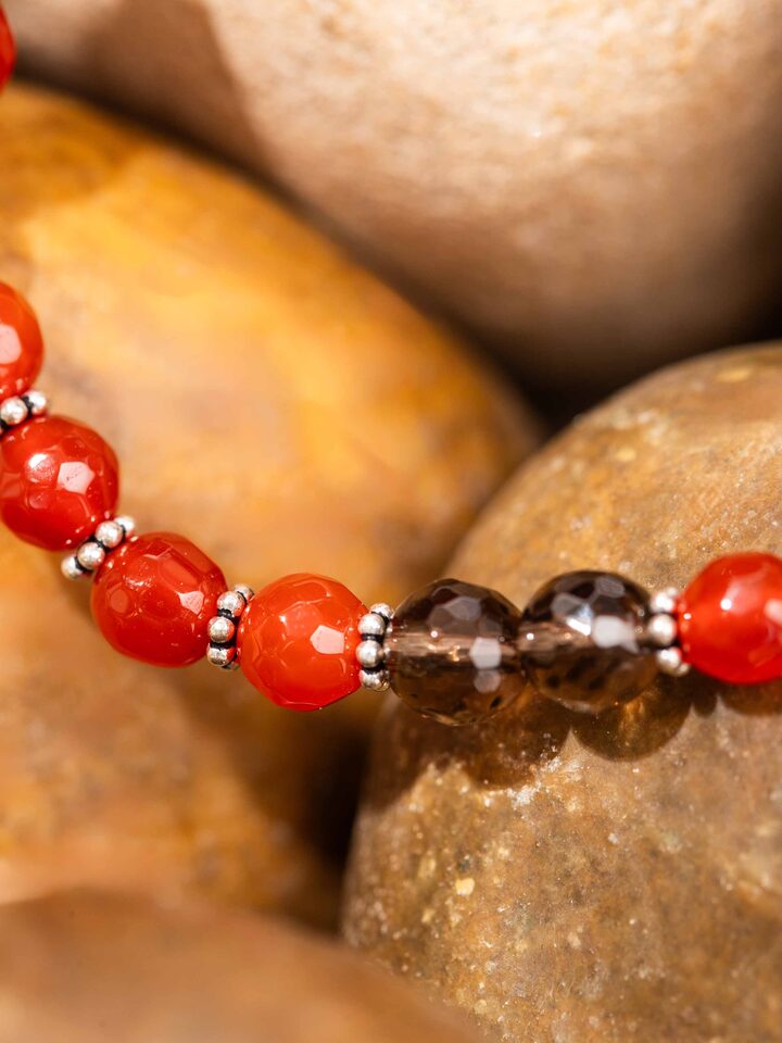 Detail view of Carnelian & Smoky Topaz Silver Bracelet highlighting the beadwork and stone detail
