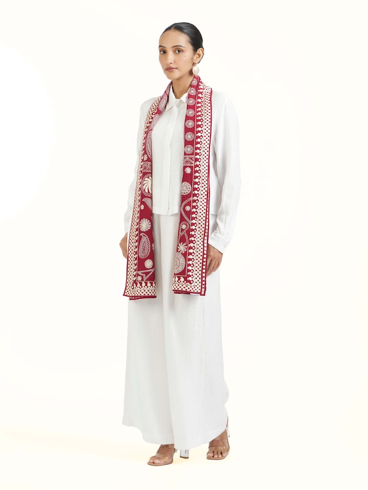 Side view of Crimson Aari Hand Embroidered Stole highlighting the detailed craftsmanship and elegant silhouette