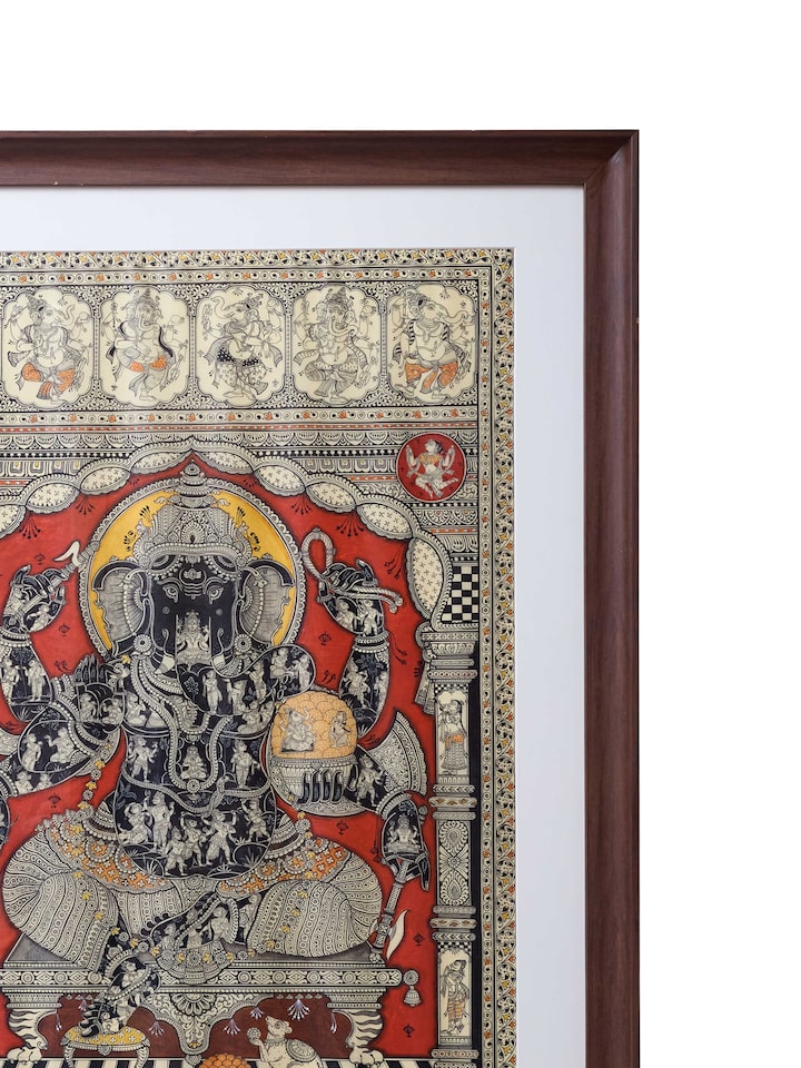 Detail view of Ganesha Pattachitra Silk Painting highlighting the intricate linework and detail