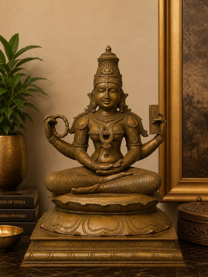 Front view of the Mystical Saraswathi Bronze Casting Idol