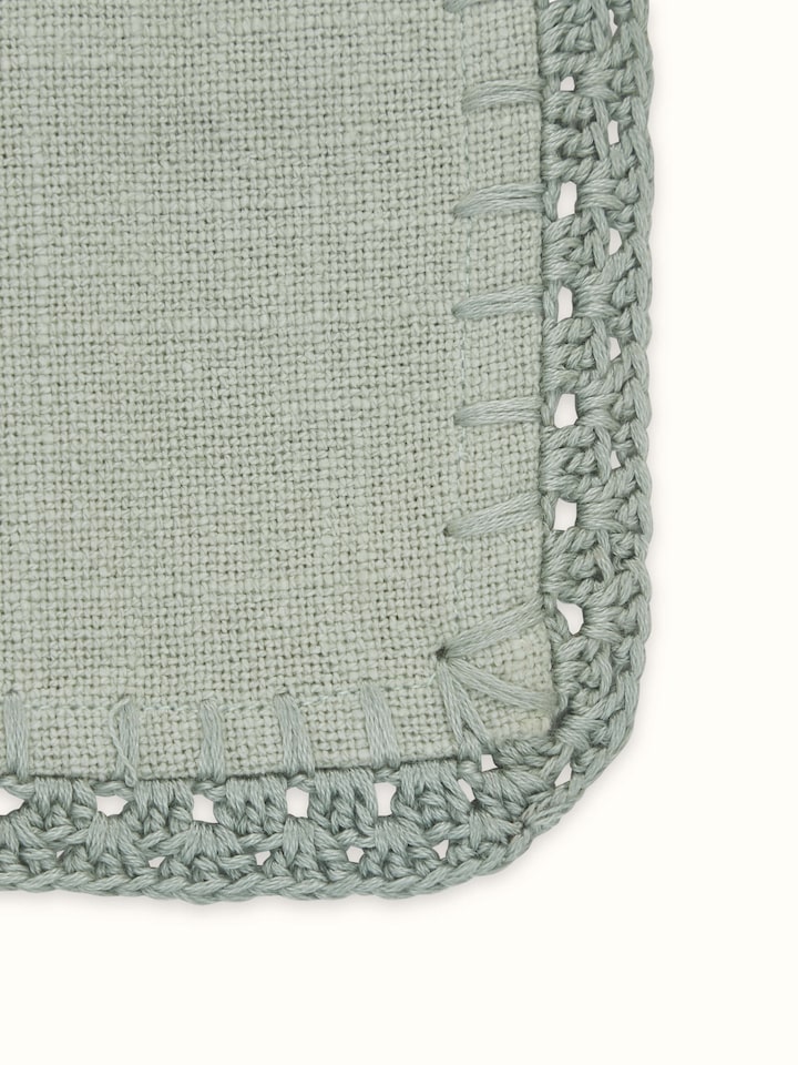 Detail view of Nityam Light Green Cotton Slub Crochet Coaster highlighting the crochet lace border